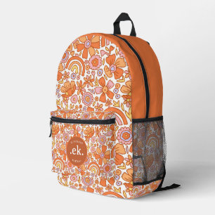 Groovy Retro Oranje Bloemen Monogram Bedrukte Rugzak