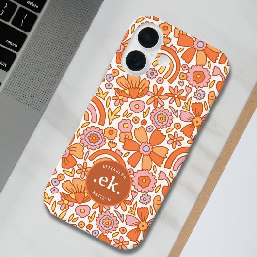 Groovy Retro Oranje Bloemen Monogram Case-Mate iPhone Case