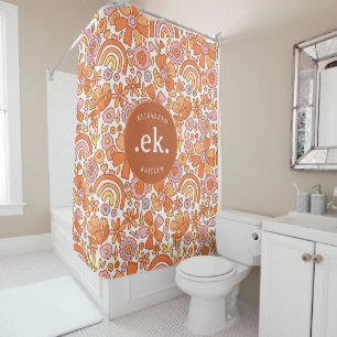 Groovy Retro Oranje Bloemen Monogram Douchegordijn