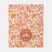 Groovy Retro Oranje Bloemen Monogram Fleece Deken (Voorkant)