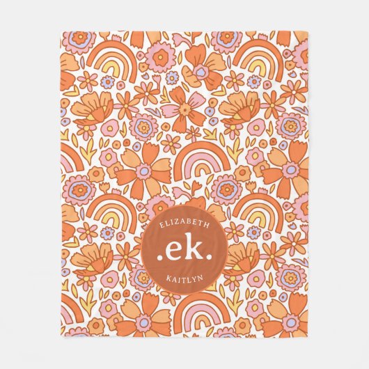 Groovy Retro Oranje Bloemen Monogram Fleece Deken (Voorkant)