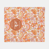 Groovy Retro Oranje Bloemen Monogram Fleece Deken (Voorkant (Horizontaal))