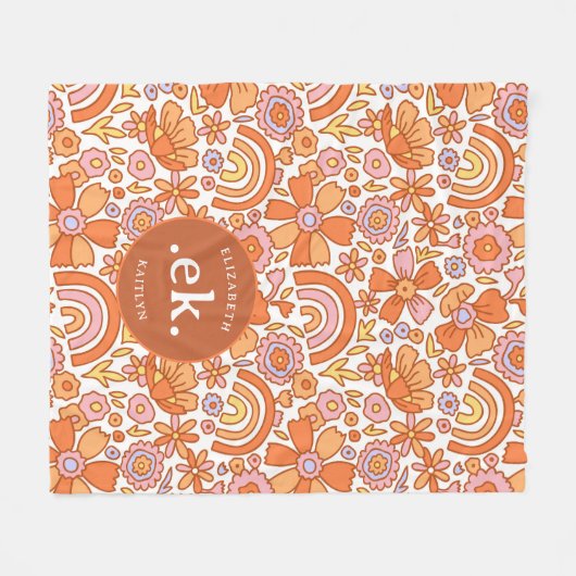 Groovy Retro Oranje Bloemen Monogram Fleece Deken (Voorkant (Horizontaal))
