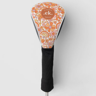 Groovy Retro Oranje Bloemen Monogram Golfheadcover