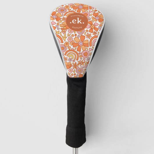 Groovy Retro Oranje Bloemen Monogram Golfheadcover (Voorkant)