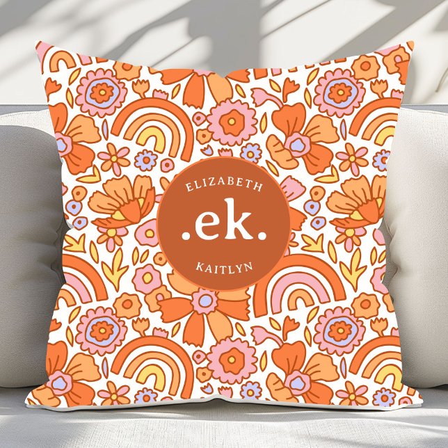 Groovy Retro Oranje Bloemen Monogram Kussen (Creator heeft geüpload)