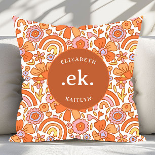 Groovy Retro Oranje Bloemen Monogram Kussen