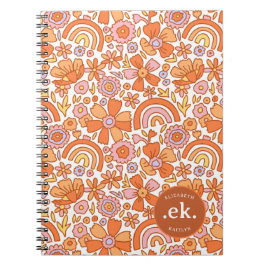 Groovy Retro Oranje Bloemen Monogram Notitieboek