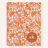 Groovy Retro Oranje Bloemen Monogram Notitieboek (Voorkant)