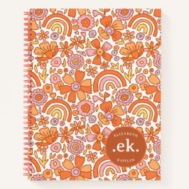 Groovy Retro Oranje Bloemen Monogram Notitieboek