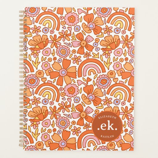 Groovy Retro Oranje Bloemen Monogram Planner (Voorkant)