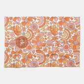 Groovy Retro Oranje Bloemen Monogram Theedoek (Horizontaal)
