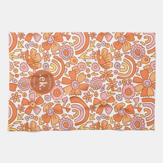 Groovy Retro Oranje Bloemen Monogram Theedoek (Horizontaal)