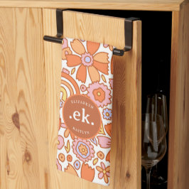 Groovy Retro Oranje Bloemen Monogram Theedoek