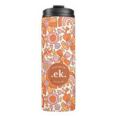 Groovy Retro Oranje Bloemen Monogram Thermosbeker (Voorkant)
