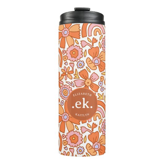 Groovy Retro Oranje Bloemen Monogram Thermosbeker (Voorkant)