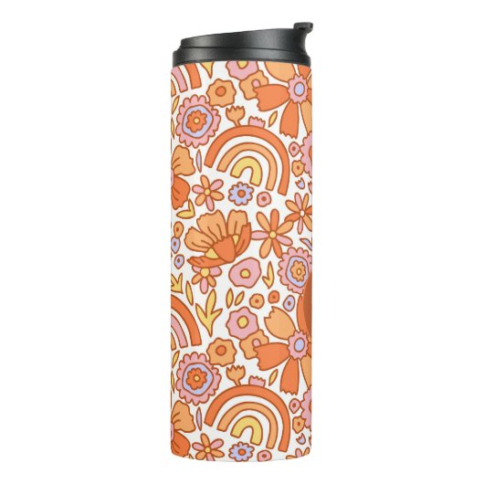 Groovy Retro Oranje Bloemen Monogram Thermosbeker (Gedraaid links)