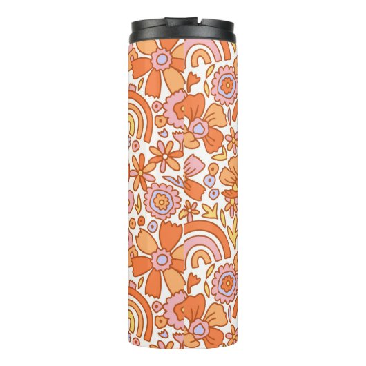 Groovy Retro Oranje Bloemen Monogram Thermosbeker (Achterkant)