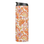 Groovy Retro Oranje Bloemen Monogram Thermosbeker (Geroteerd rechts)