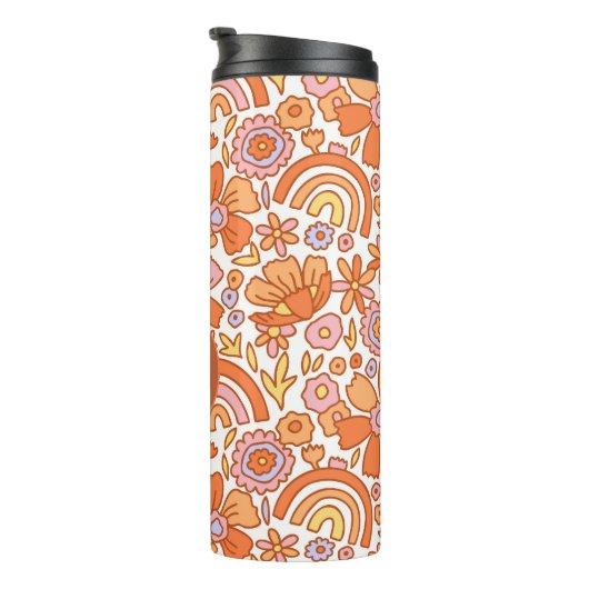 Groovy Retro Oranje Bloemen Monogram Thermosbeker (Geroteerd rechts)