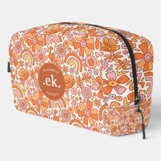 Groovy Retro Oranje Bloemen Monogram Toilettasje (Rechterhoek)