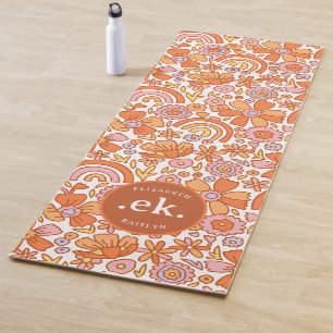 Groovy Retro Oranje Bloemen Monogram Yogamat