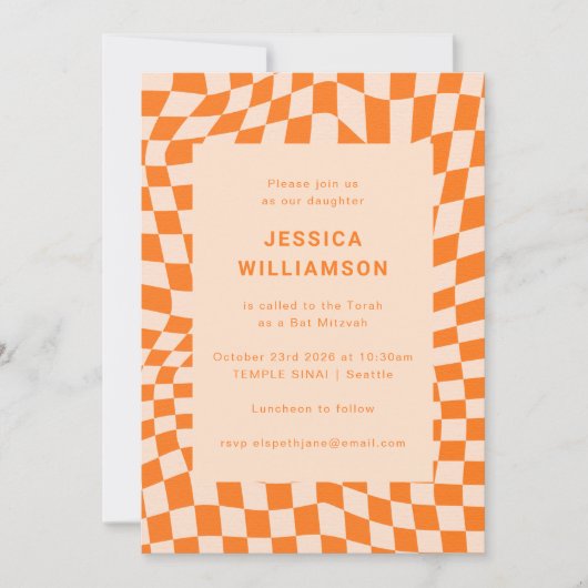 Groovy Retro Oranje Checkerboard Bat Mitzvah Kaart (Voorkant)