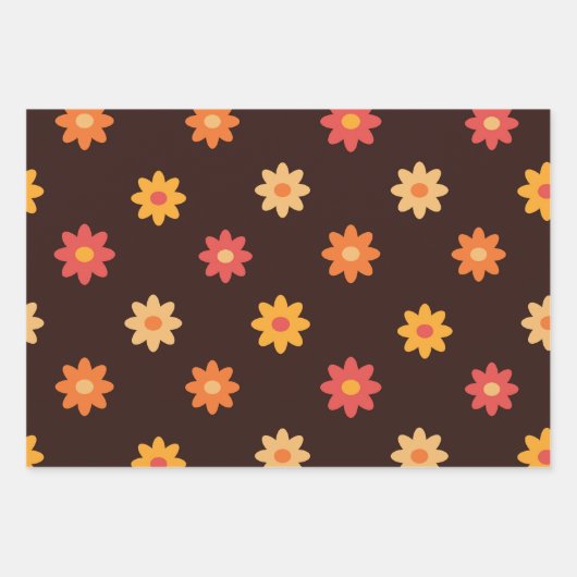 Groovy Retro Oranje Gele Rode Bloemen Inpakpapier Vel (Voorkant 3)