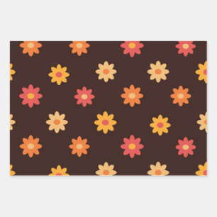 Groovy Retro Oranje Gele Rode Bloemen Inpakpapier Vel