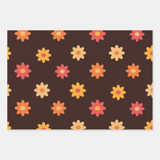 Groovy Retro Oranje Gele Rode Bloemen Inpakpapier Vel (Voorkant 2)