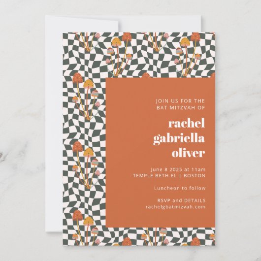 Groovy Retro Oranje Green Checkerboard Bat Mitzvah Kaart (Voorkant)