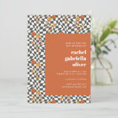 Groovy Retro Oranje Green Checkerboard Bat Mitzvah Kaart (Staand voorkant)