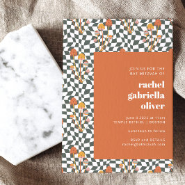 Groovy Retro Oranje Green Checkerboard Bat Mitzvah Kaart