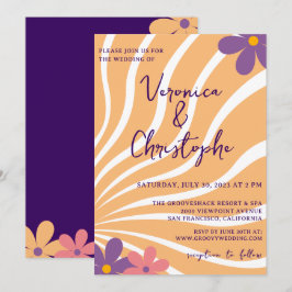 Groovy Retro Oranje Paars Floral Wedding Kaart