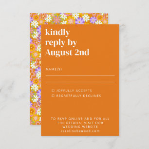 Groovy Retro Oranje paarse bloemen bruiloft RSVP Kaartje