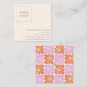 Groovy Retro Oranje Roze Bloem Logo Creatief Vierkante Visitekaartje