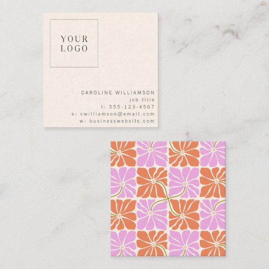 Groovy Retro Oranje roze Floral Logo Creative Vierkante Visitekaartje (Voorkant / Achterkant)
