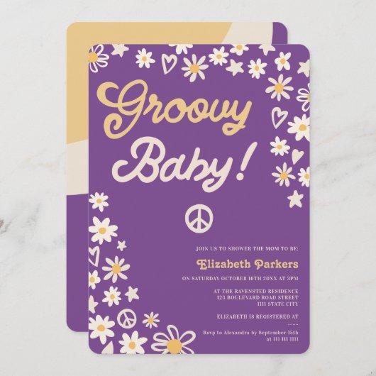 Groovy retro paars boho baby shower kaart (Voorkant / Achterkant)