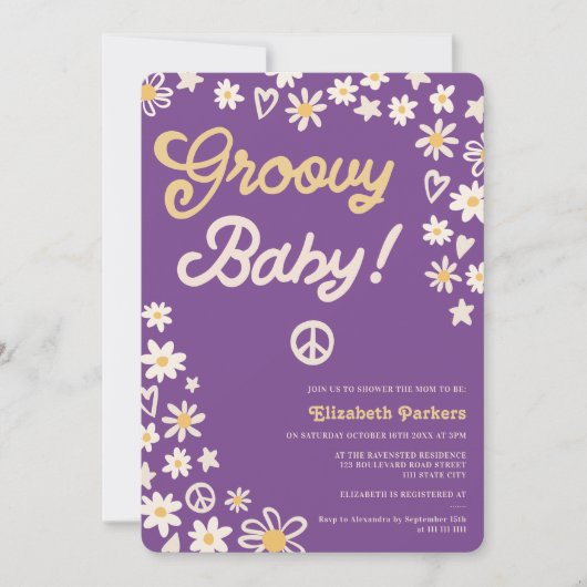 Groovy retro paars boho baby shower kaart (Voorkant)