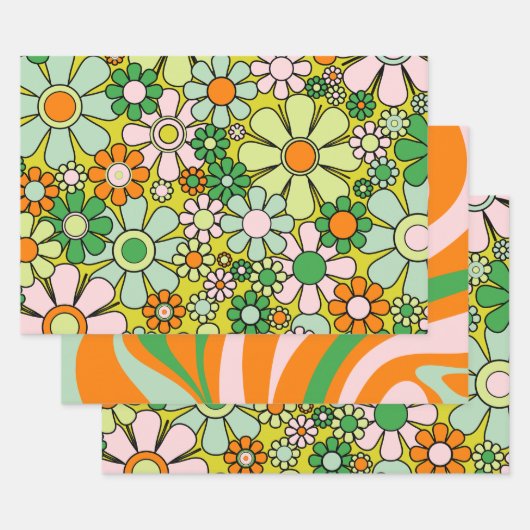 Groovy Retro Patronen 60s 70s Oranje Groen Inpakpapier Vel (Set)