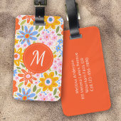 Groovy Retro Patroon Bloemige Monogram Bagagelabel