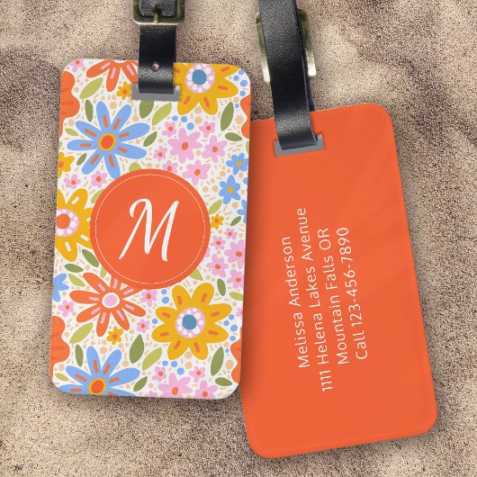 Groovy Retro Patroon Bloemige Monogram Bagagelabel