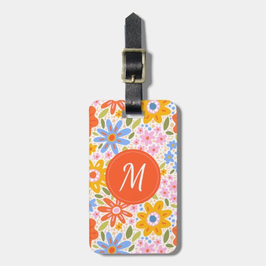 Groovy Retro Patroon Floral Monogram Bagagelabel (Voorkant verticaal)