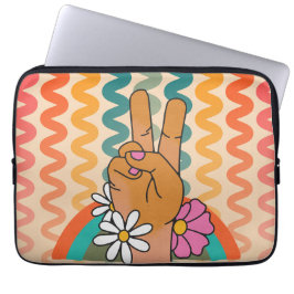 Groovy Retro Peace Sign Bloem Regenboog iPad & Laptop Sleeve