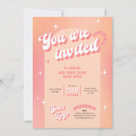 Groovy Retro Peach Roze Modern Logo Business Event Kaart (Voorkant)