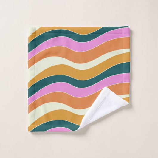 Groovy Retro Pink en Green Wavy Lines Bad Handdoek (Wasdoekje)