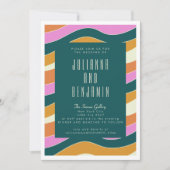 Groovy Retro Pink en Green Wavy Lines Wedding Kaart (Voorkant)