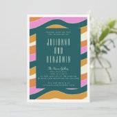 Groovy Retro Pink en Green Wavy Lines Wedding Kaart (Staand voorkant)