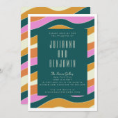 Groovy Retro Pink en Green Wavy Lines Wedding Kaart (Voorkant / Achterkant)