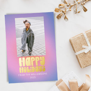 Groovy Retro Pink Lila Deel Kute Two Photo Gold Folie Feestdagenkaart